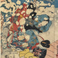 Estampe Japonaise triptyque de Kuniyoshi représentant des courtisanes sous la neige, habillées de kimonos colorés, et un seigneur accompagné d'un chat blanc et d'un coucou, détail des femmes sous la neige