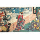 Estampe Japonaise triptyque de Kuniyoshi représentant des courtisanes sous la neige, habillées de kimonos colorés, et un seigneur accompagné d'un chat blanc et d'un coucou