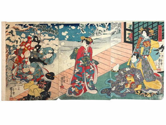 Estampe Japonaise triptyque de Kuniyoshi représentant des courtisanes sous la neige, habillées de kimonos colorés, et un seigneur accompagné d'un chat blanc et d'un coucou