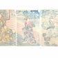 Estampe Japonaise triptyque de Kuniyoshi représentant des courtisanes sous la neige, habillées de kimonos colorés, et un seigneur accompagné d'un chat blanc et d'un coucou, le verso