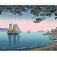estampe japonaise de Koitsu, bateaux à voile sur mer bleue, ciel bleu et rose à l'horizon, pin en premier plan