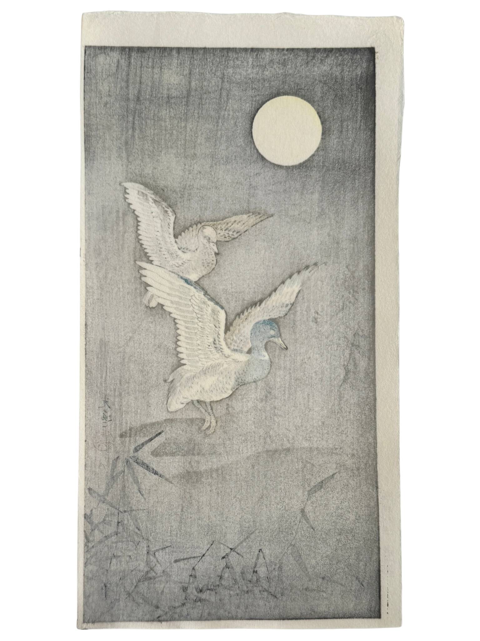 estampe japonaise de Koitsu, couple de canards volant au dessus des roseaux une nuit de pleine lune, le verso de l'estampe
