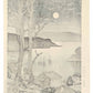 Estampe Japonaise de Tsuchiya Kо̄itsu représentant le port de Manazuru sous la pleine lune qui éclaire la mer et les maisons et bateaux de pêcheurs, le verso