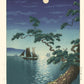 estampe japonaise bateaux sur une mer illuminée par la lune, un pin en premier plan