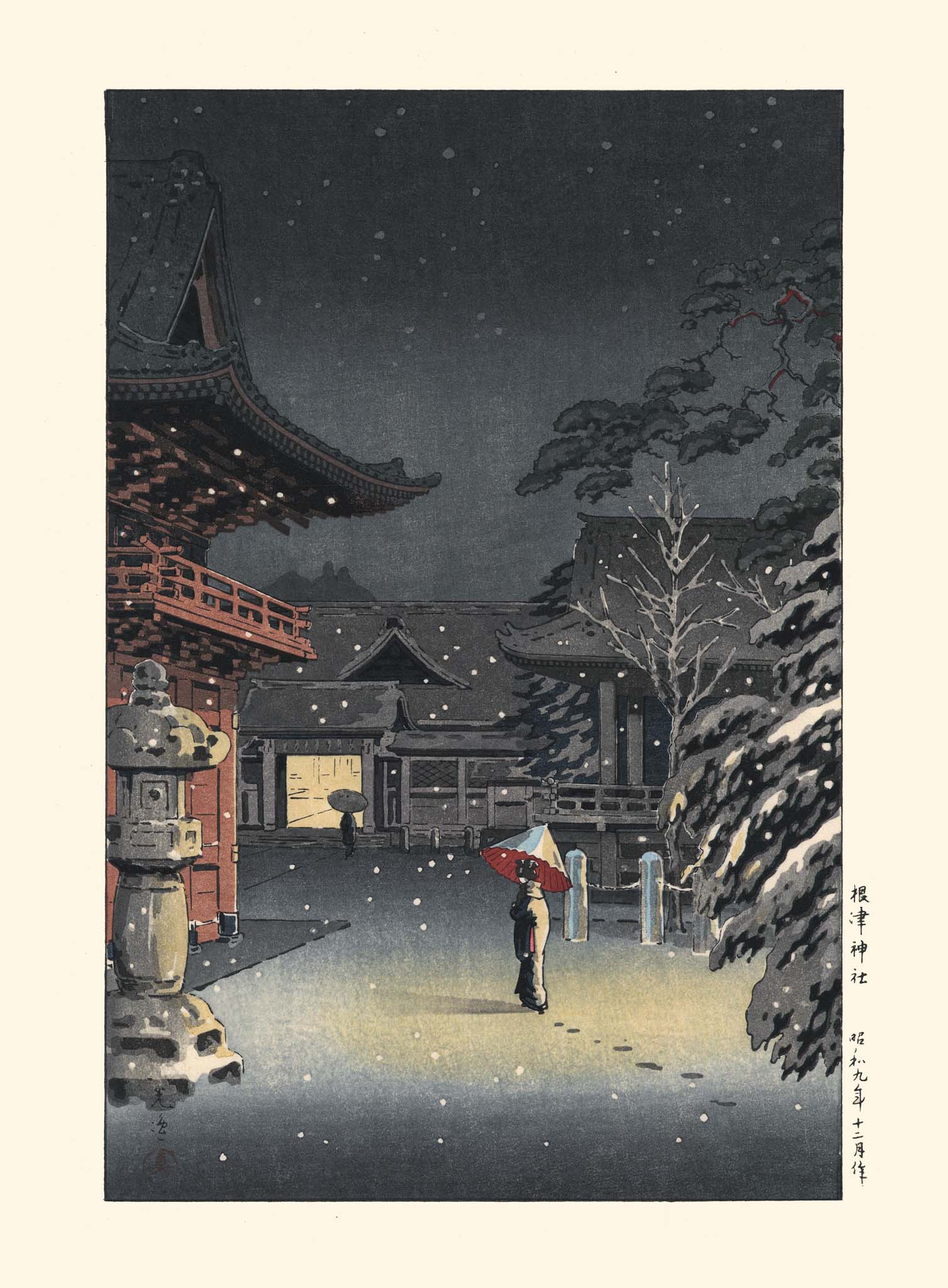 Estampe Japonaise d'une femme sous un parapluie marchant seule la nuit sous la neige, a coté d'un temple rouge