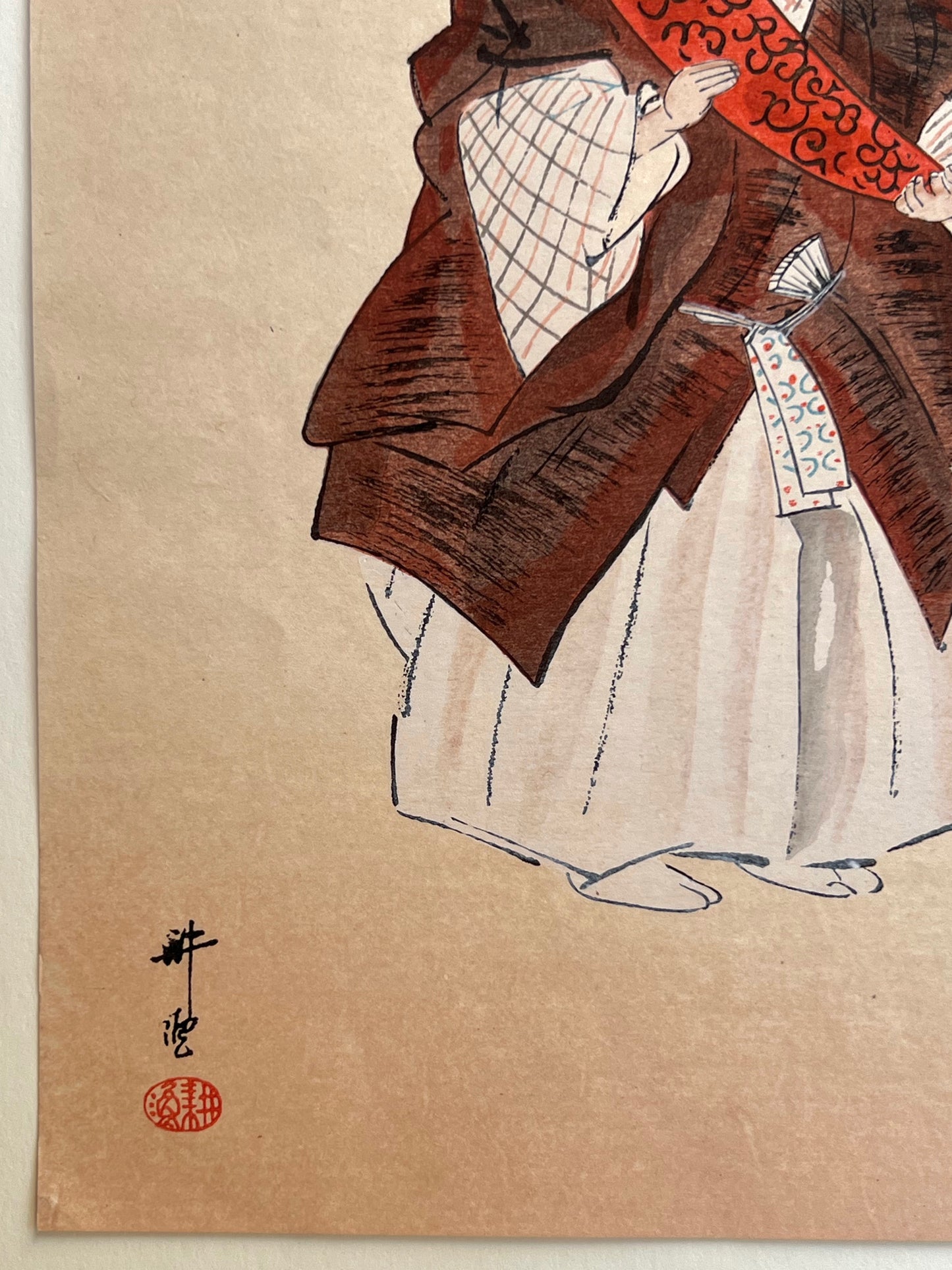 estampe japonaise Kogyo tsukioka, acteurs de théâtre no, Arc Hachiman, signature et sceau