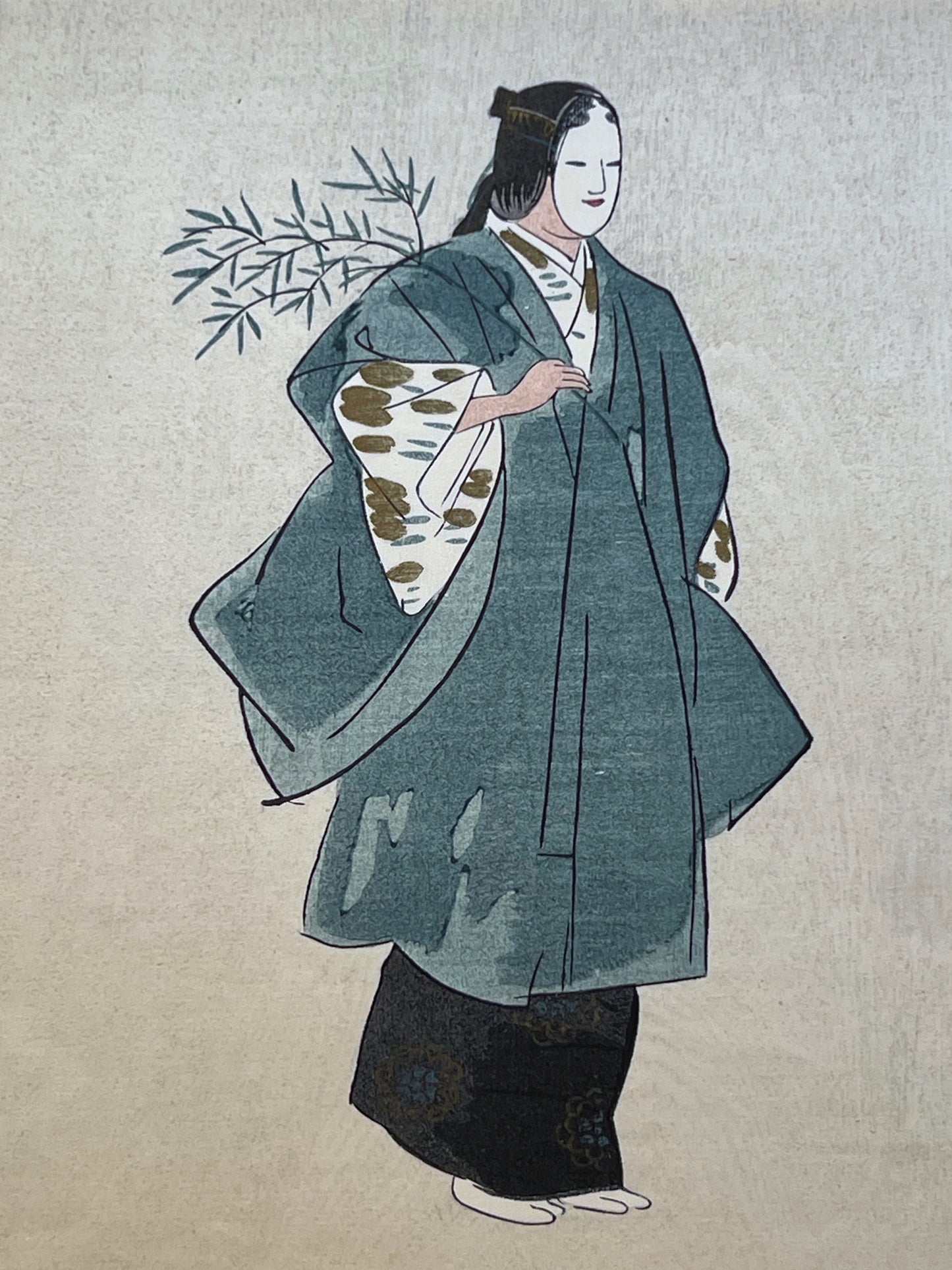estampe japonaise kogyo tsukioka acteur de théâtre no branche de bambou et kimono bleu et blanc