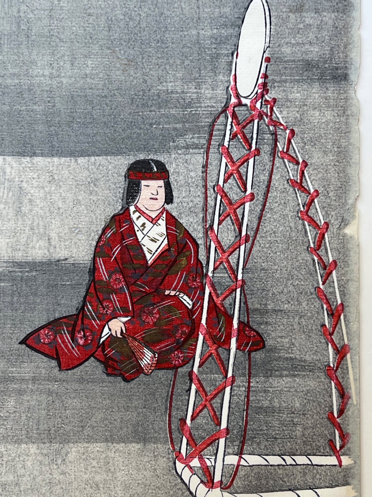 estampe japonaise Kogyo tsukioka, un acteur de theatre no, fille en kimono rouge face au miroir