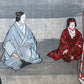 estampe japonaise Kogyo tsukioka, trois acteurs de theatre no, mère et fille masques blancs assise face à miroir