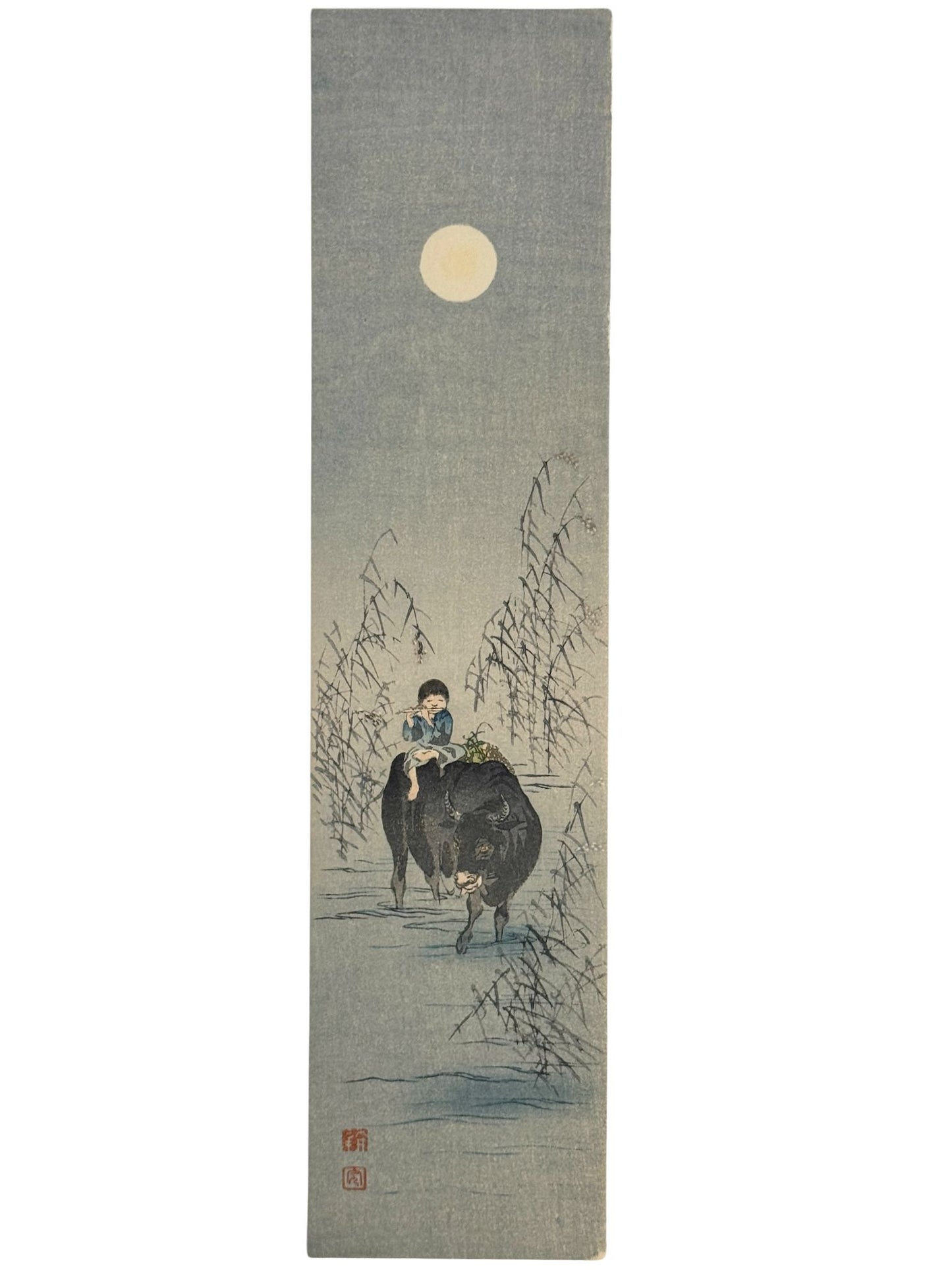 Estampe japonaise de Shôda Kôhô représentant un garçon flûtiste sur un bœuf sous la pleine lune
