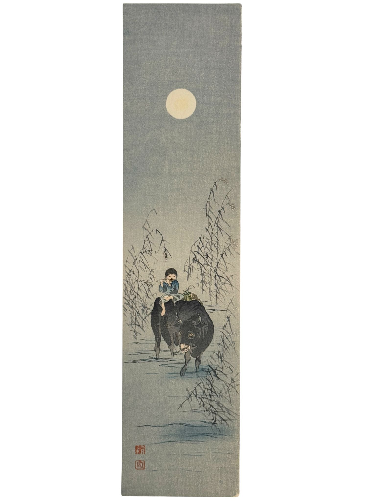 Estampe japonaise de Shôda Kôhô représentant un garçon flûtiste sur un bœuf sous la pleine lune