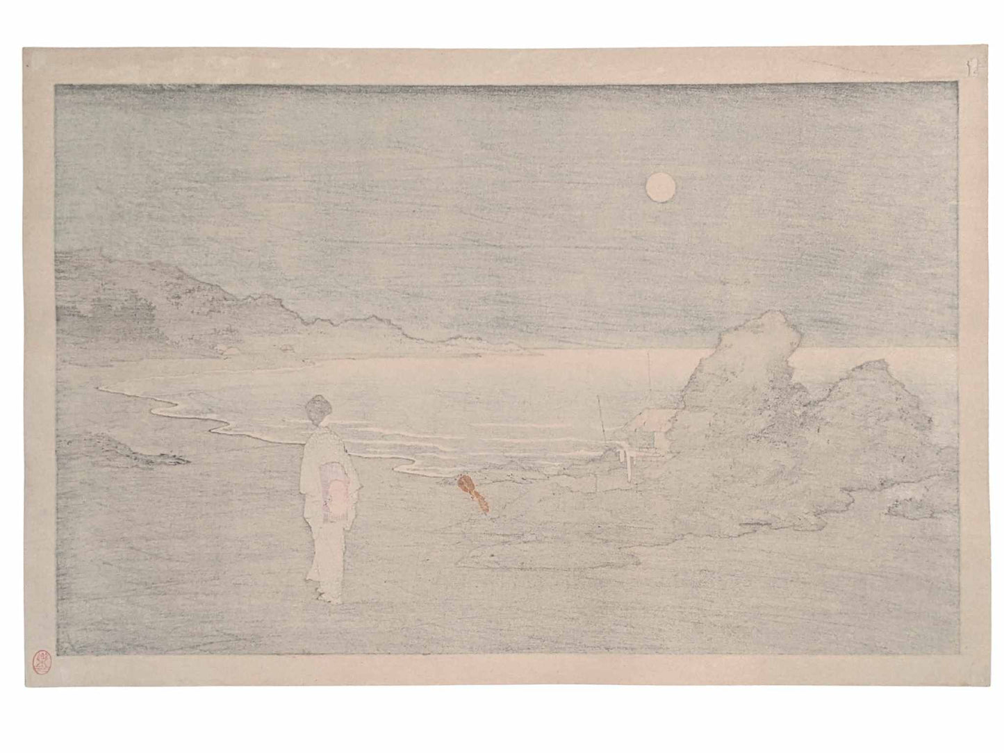 Estampe Japonaise de Shôda Kôhô représentant une femme en yukata se promenant sur la plage au clair de lune, le verso