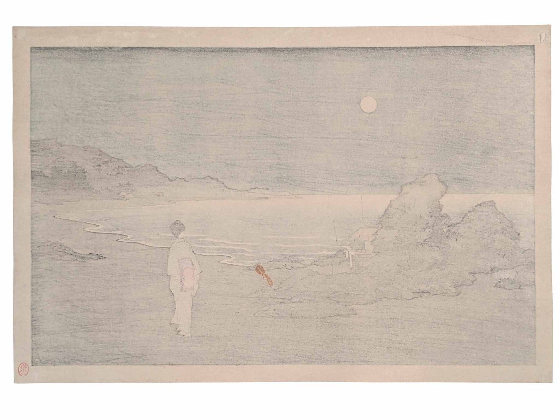 Estampe Japonaise de Shôda Kôhô représentant une femme en yukata se promenant sur la plage au clair de lune, le verso