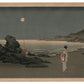 Estampe Japonaise de Shôda Kôhô représentant une femme en yukata se promenant sur la plage au clair de lune