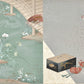 Estampe Japonaise de Kojima Gyokuho, paysage, rivière, eventail, boite de jeu, dés, lanterne de suspension tissu gris
