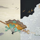 Estampe Japonaise de Kojima Gyokuho,  dit du genji, paysage hiver, éventail, sabre, oiseaux