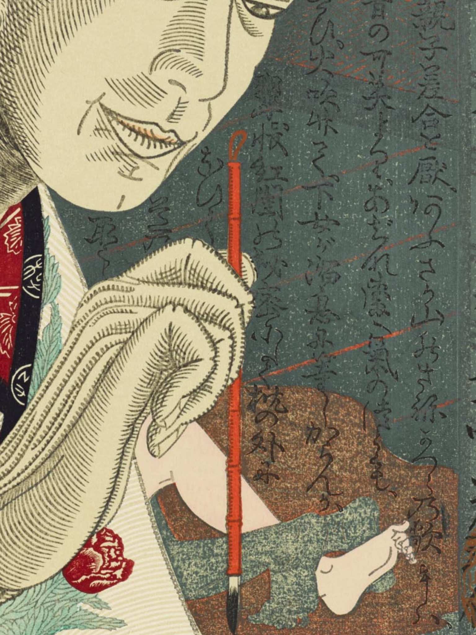 Estampe japonaise contemporaine de Tsuruya Kōkei représentant le portrait d’Utamaro en train de peindre, tenant un pinceau rouge sur fond calligraphié, gros plan sur la main et jambe de femme dénudée à l'arrière plan