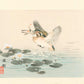 estampe japonaise oiseau martin-pêcheur avec poisson dans bec volant au dessus de l'eau et nénuphars blancs