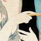 estampe japonaise de Torii Kotondo, série 12 aspects des femmes, numéro 1 Woman combing hair, femme se brossant les cheveux, mains tenant peigne
