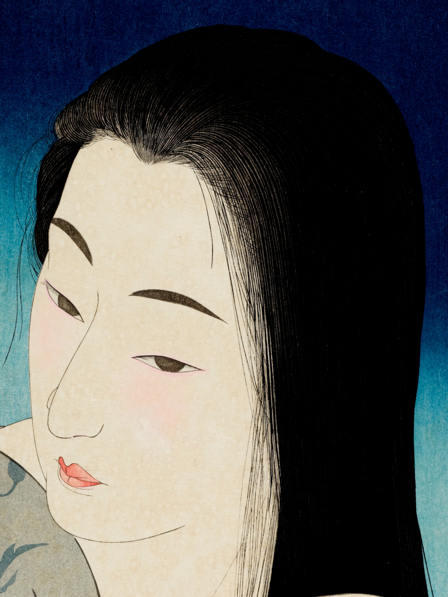 estampe japonaise de Torii Kotondo, série 12 aspects des femmes, numéro 1 Woman combing hair, visage femme