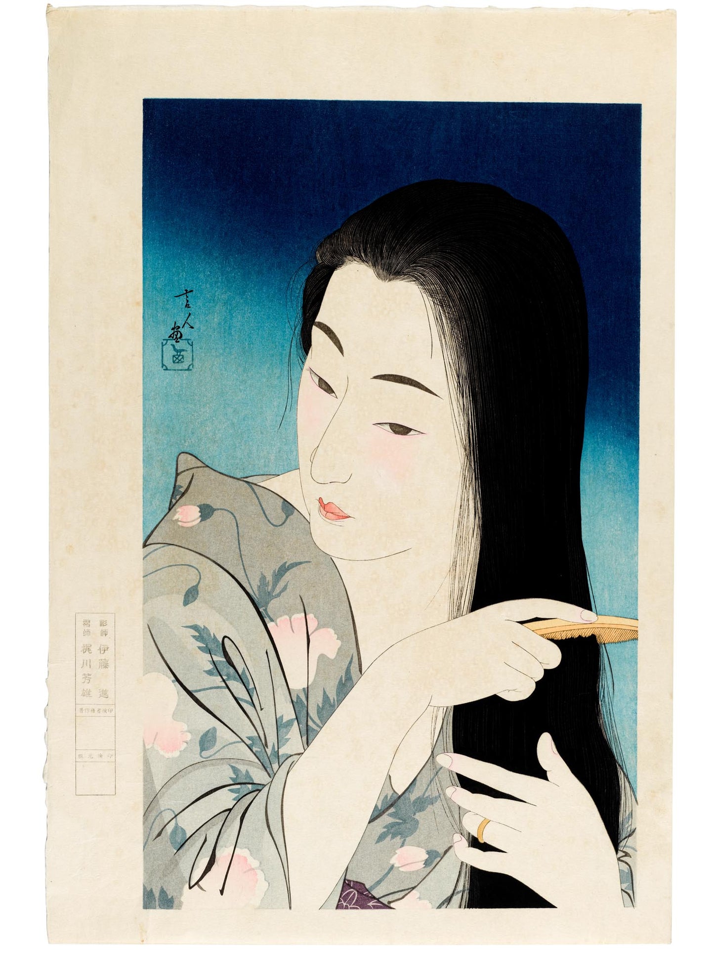 estampe japonaise de Torii Kotondo, série 12 aspects des femmes, numéro 1 Woman combing hair, femme se brossant les cheveux