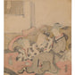 Estampe japonaise de Koryûsai représentant deux femmes dans un intérieur raffiné, le verso de l'estampe