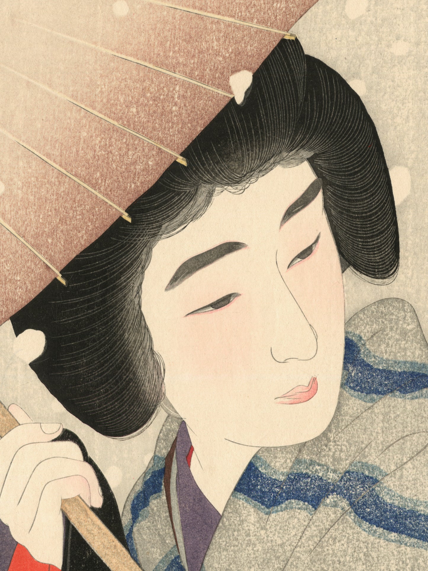 estampe japonaise femme sous parapluie neige tombant à gros flocons, gros plan sur le visage