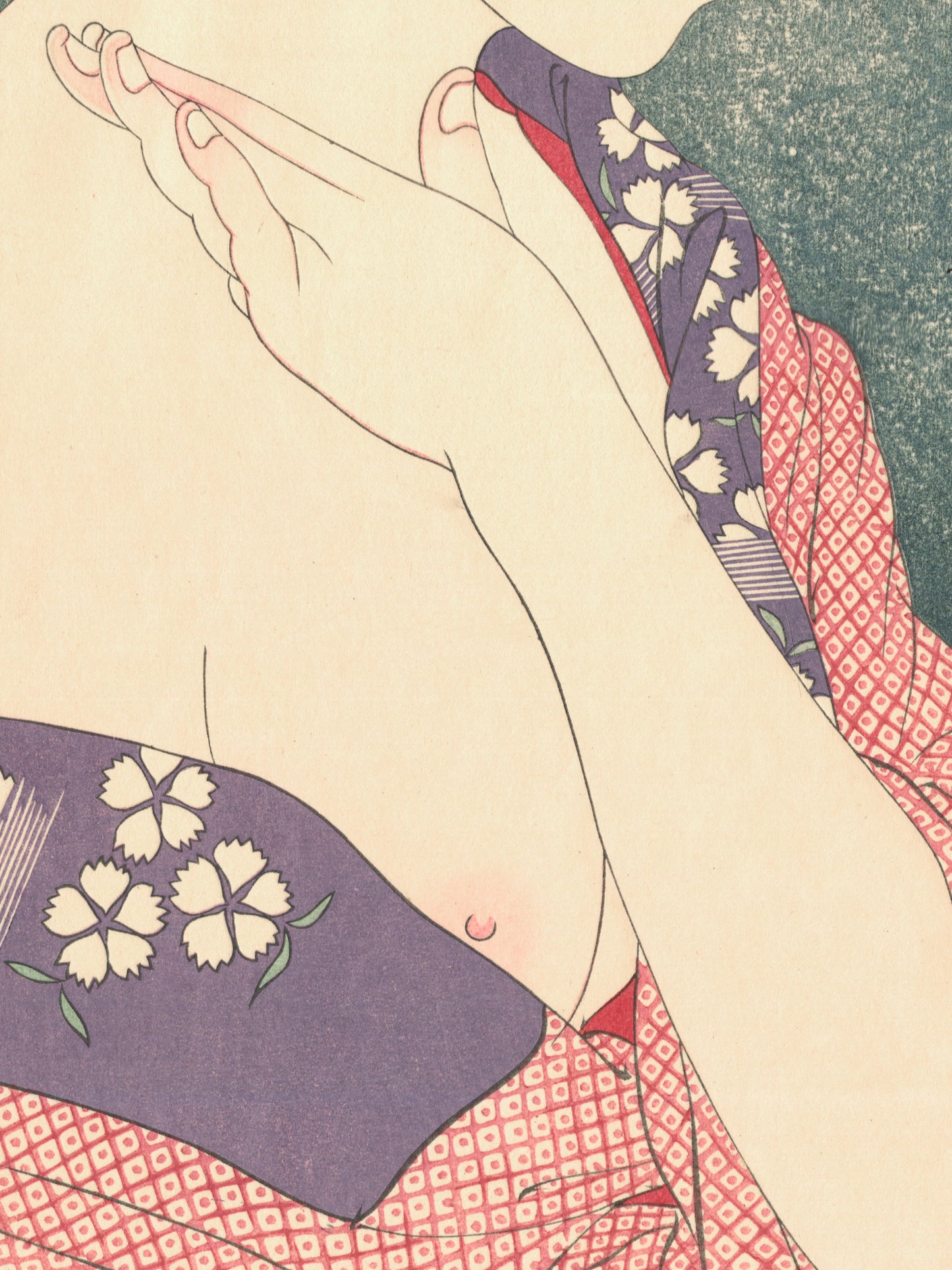 estampe japonaise femme s'ppliquant de la poudre blanche sur le cou, sein apparent