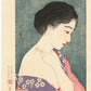 estampe japonaise femme s'ppliquant de la poudre blanche sur le cou