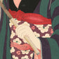 estampe japonaise femme en kimono sous un parapluie sous la pluie, main tenant le parapluie