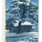 estampe japonaise de Kasamatsu, paysage de neige une nuit de pleine lune avec pin et maison