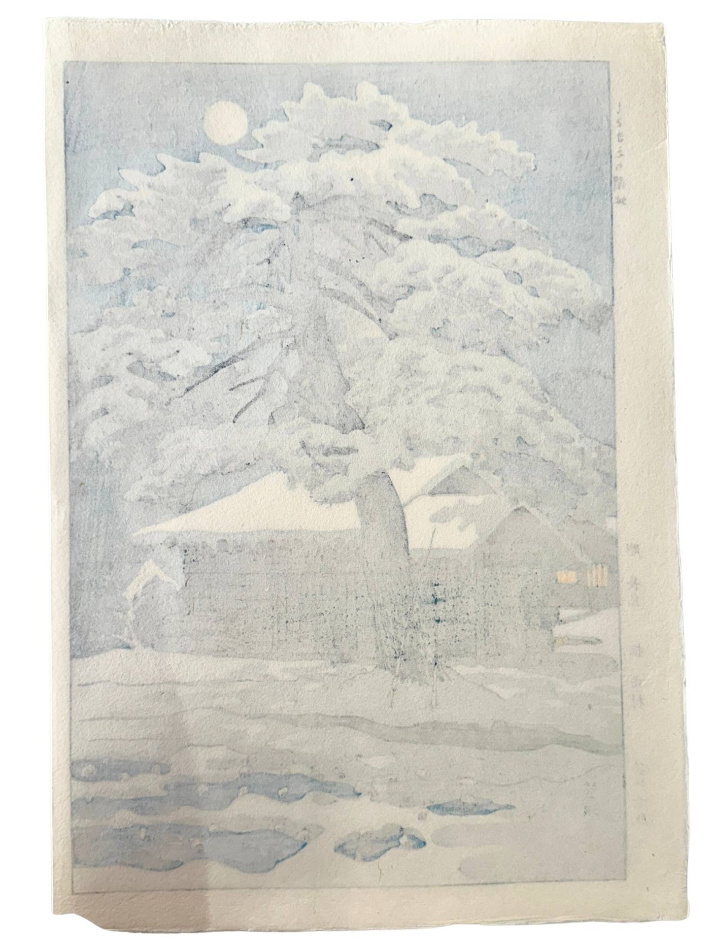 estampe japonaise de Kasamatsu, paysage de neige une nuit de pleine lune avec pin et maison, le verso