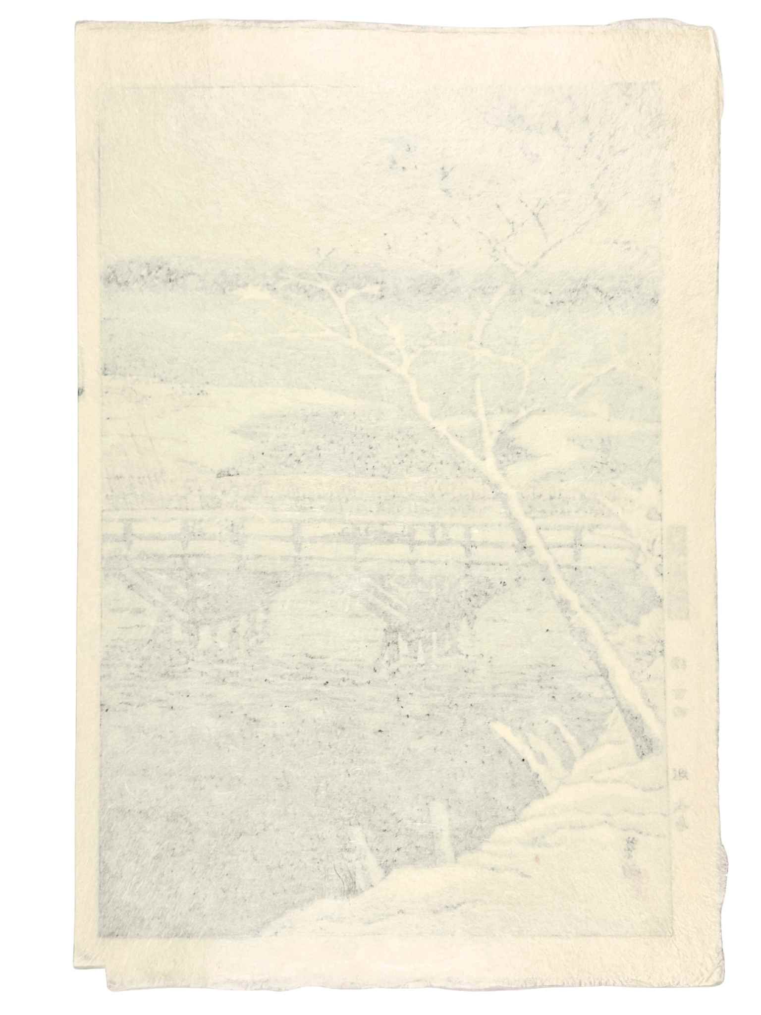 estampe japonaise  de neige de kasamatsu personnage sur un pont en pleine tempête de neige, le verso de l'estampe