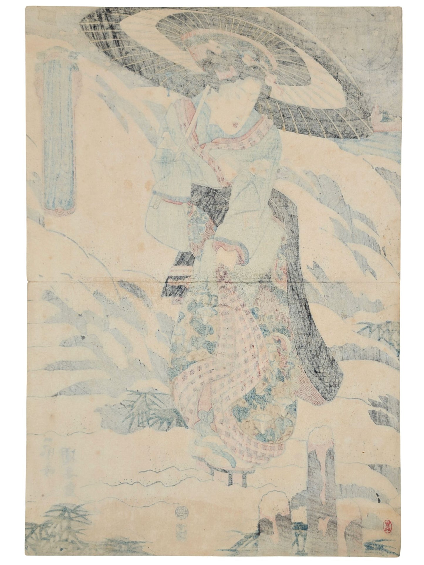 Estampe japonaise de Kuniyasu représentant une courtisane sous la neige avec un parapluie, le verso