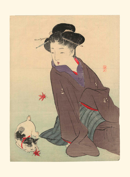 Estampe Japonaise d'une femme, beauté, assise en kimono et regardant son chat jouer. Style Kuchie