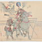 Estampe Japonaise kuchi-e représentant le samouraï Shikanosuke à cheval ravitaillé par l'un de ses hommes, le verso
