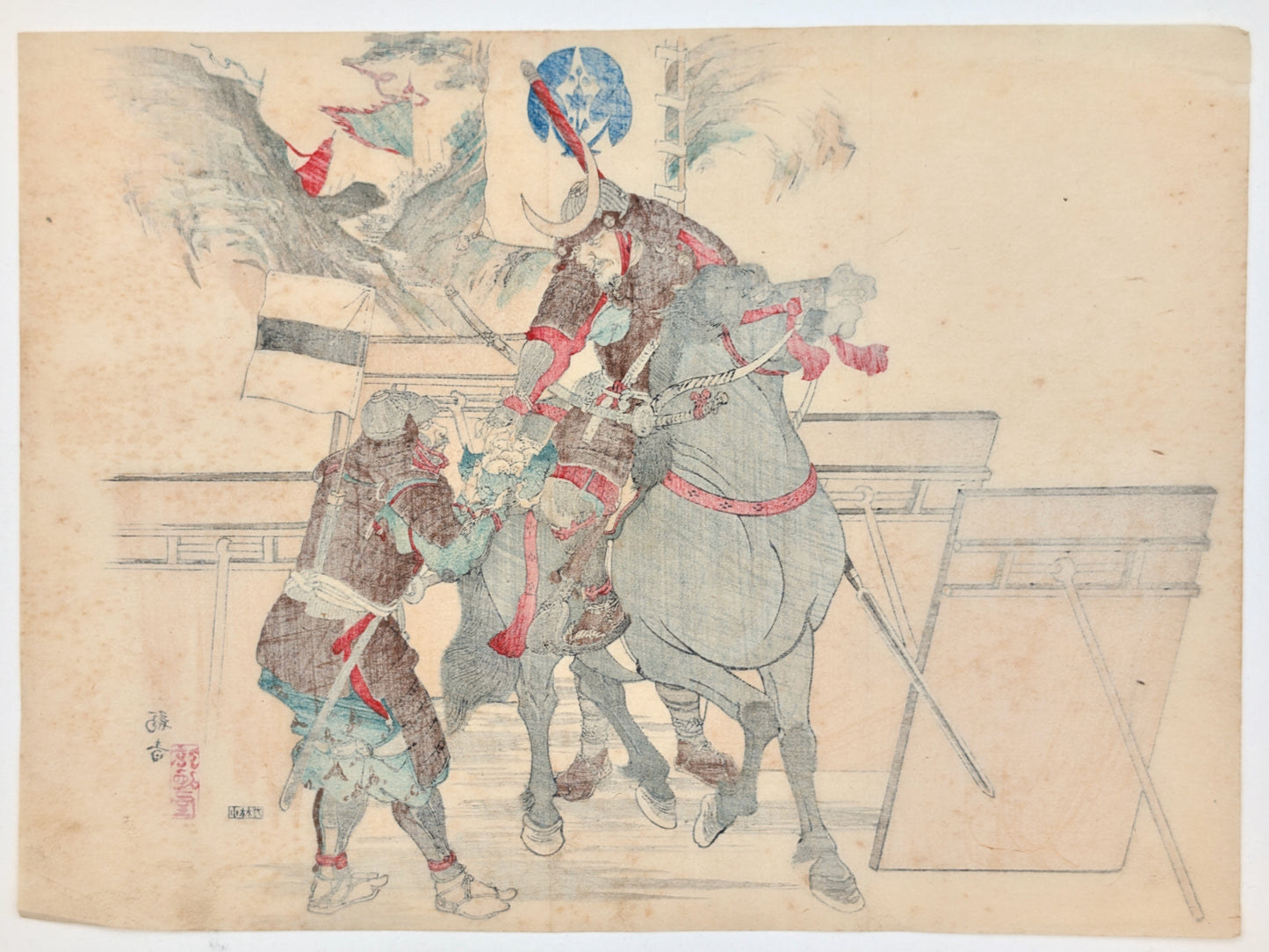 Estampe Japonaise kuchi-e représentant le samouraï Shikanosuke à cheval ravitaillé par l'un de ses hommes, le verso