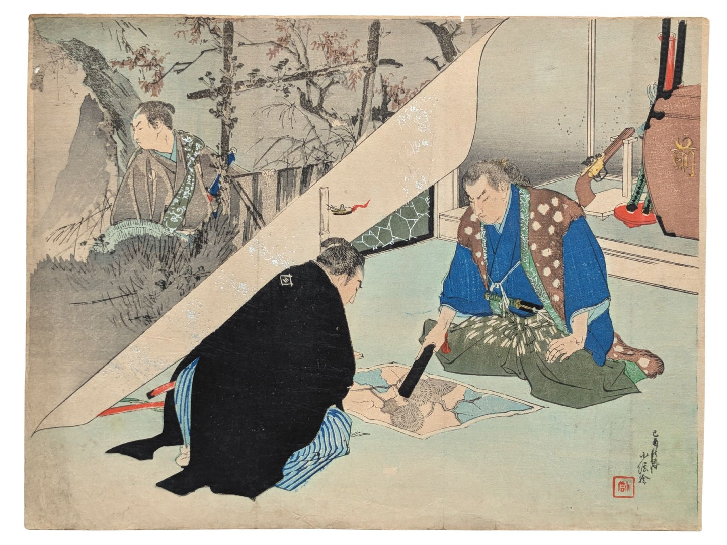 Estampe Japonaise kuchi-e de Hasegawa Konobu représentant deux samouraïs étudiant une carte devant leurs armes pour préparer une bataille