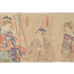 estampe japonaise en triptyque de Kunichika, une courtisane en kimono avec fleurs, sur une balance. Un homme en kimono avec oiseau tend une couplelle à une servante. dos estampe.
