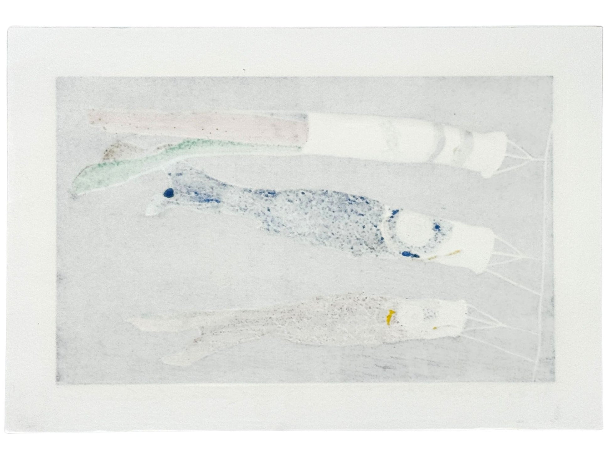 estampe japonaise de Kunio Kaneko, trois koinobori sur fond noir, le verso