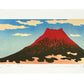 estampe japonaise de Kunio Kaneko, le Mont Fuji au sommet rouge sur ciel bleu nuageux