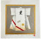 estampe japonaise de Kunio Kaneko, kimono blanc avec Kanji sur fond or et argent