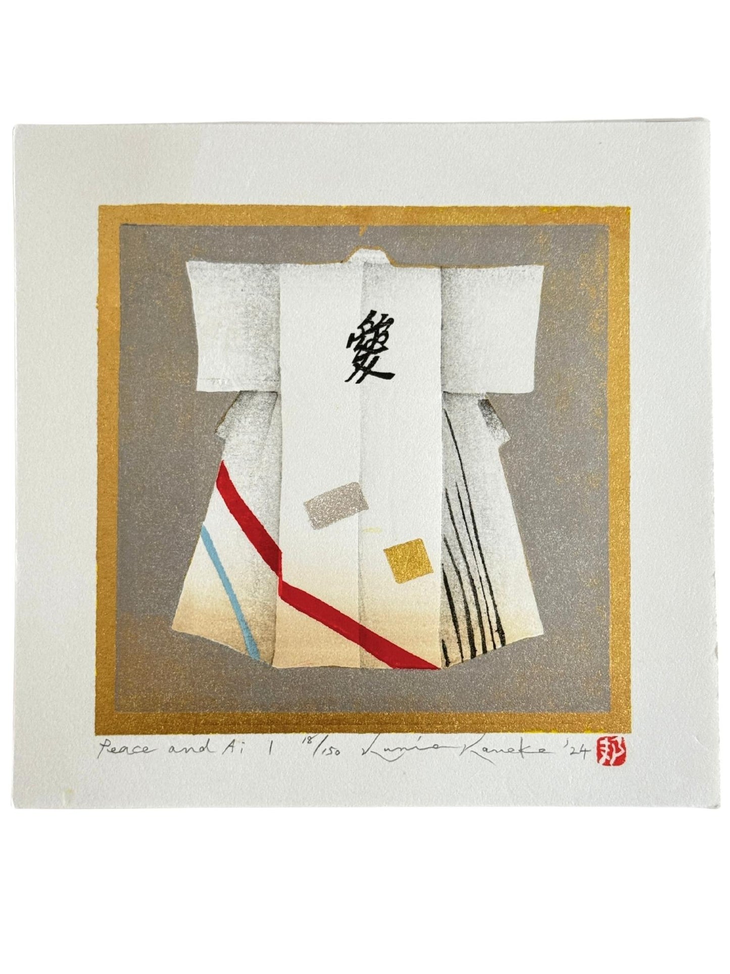 estampe japonaise de Kunio Kaneko, kimono blanc avec Kanji sur fond or et argent