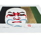 Estampe japonaise de Kunio Kaneko représentant un maquillage de théâtre kabuki sur fond or, noir et vert, reflets scintillants