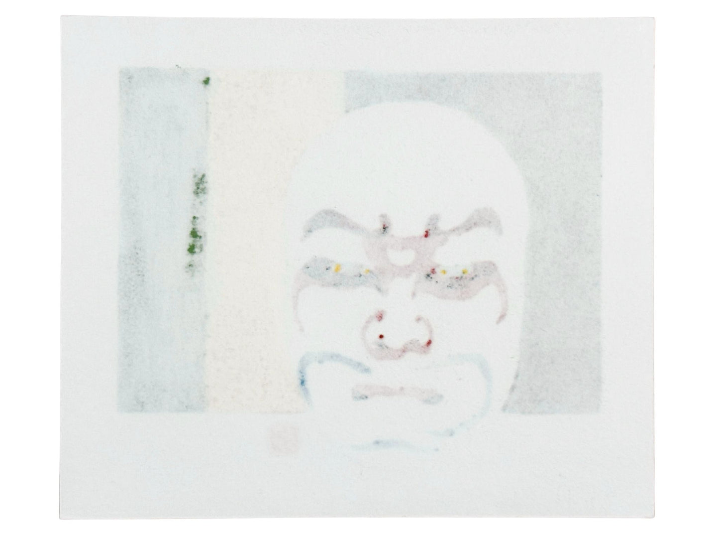 Estampe japonaise de Kunio Kaneko représentant un maquillage de théâtre kabuki sur fond or, noir et vert verso