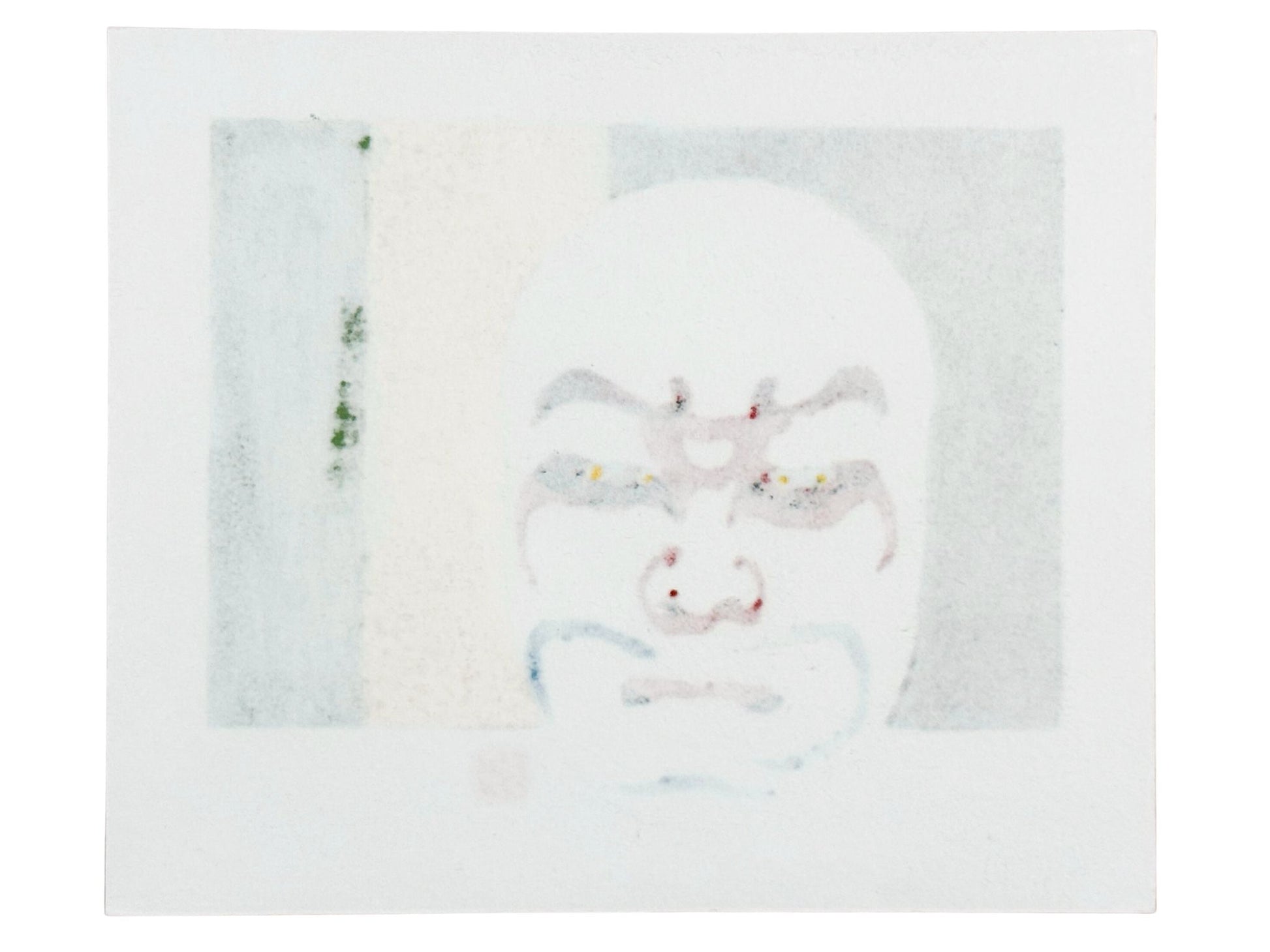 Estampe japonaise de Kunio Kaneko représentant un maquillage de théâtre kabuki sur fond or, noir et vert verso