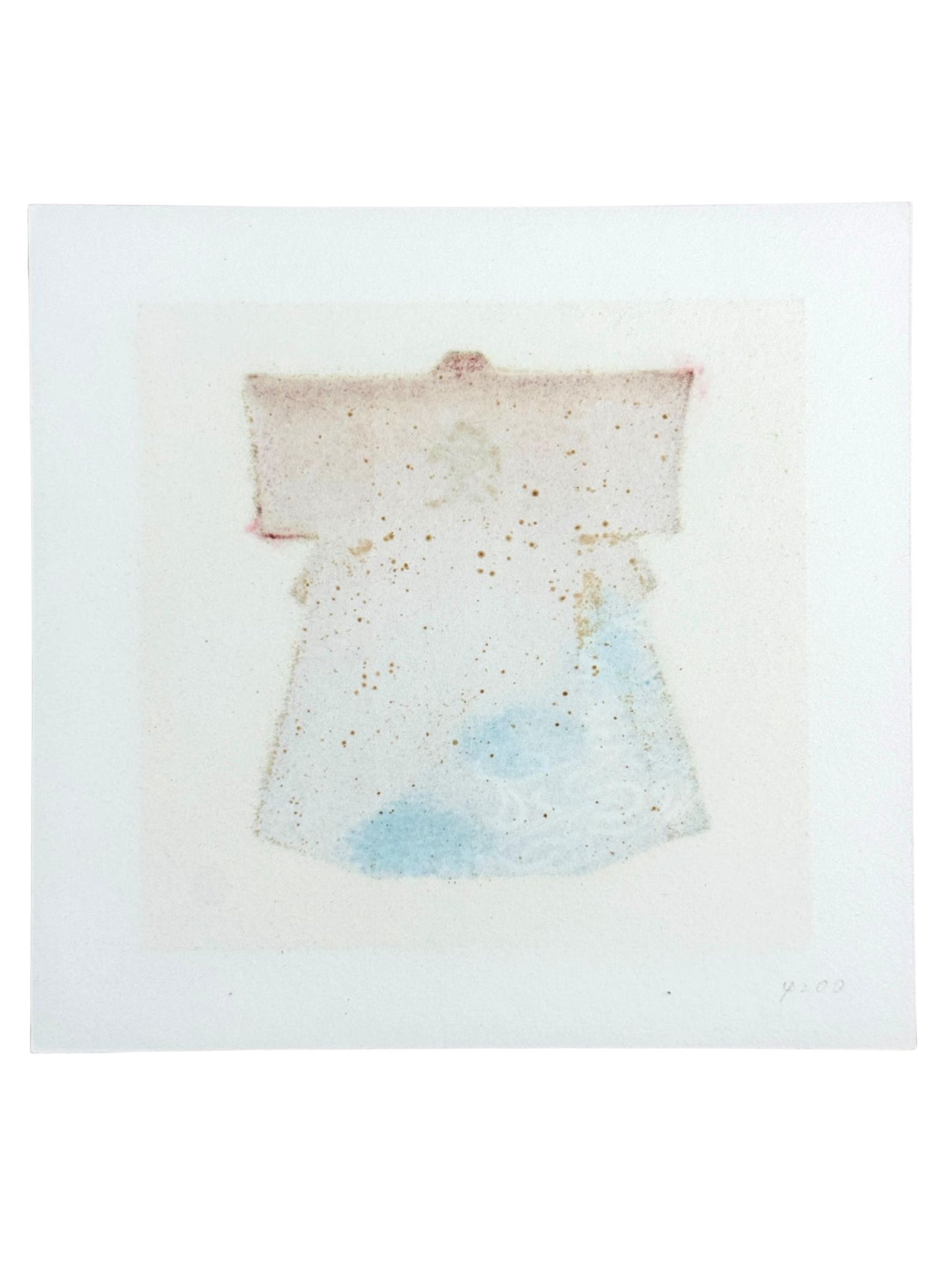 Estampe japonaise de Kunio Kaneko, kimono rouge et noir avec Kanji sur fond or et argent, le verso