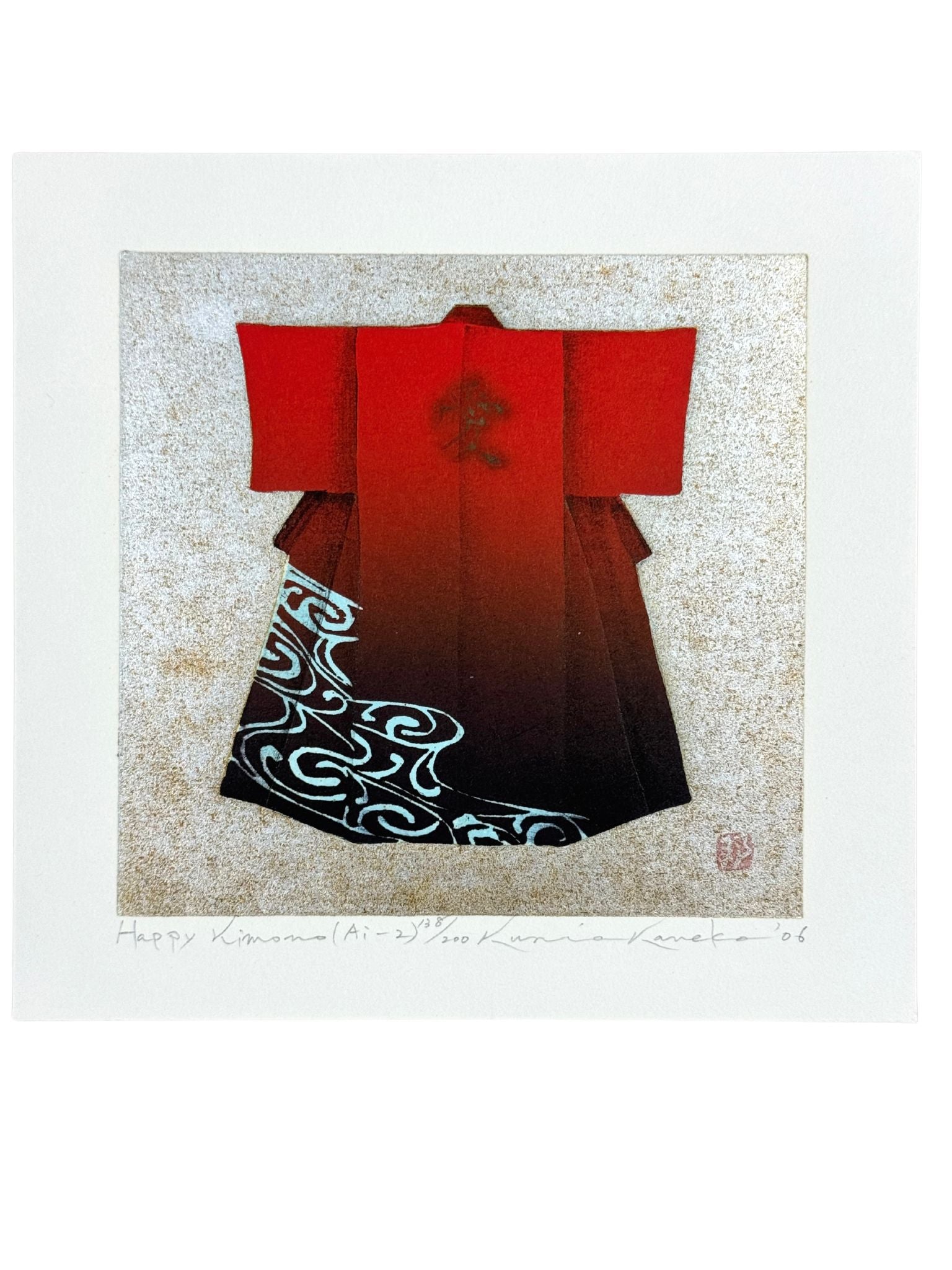 Estampe japonaise de Kunio Kaneko, kimono rouge et noir avec Kanji sur fond or et argent