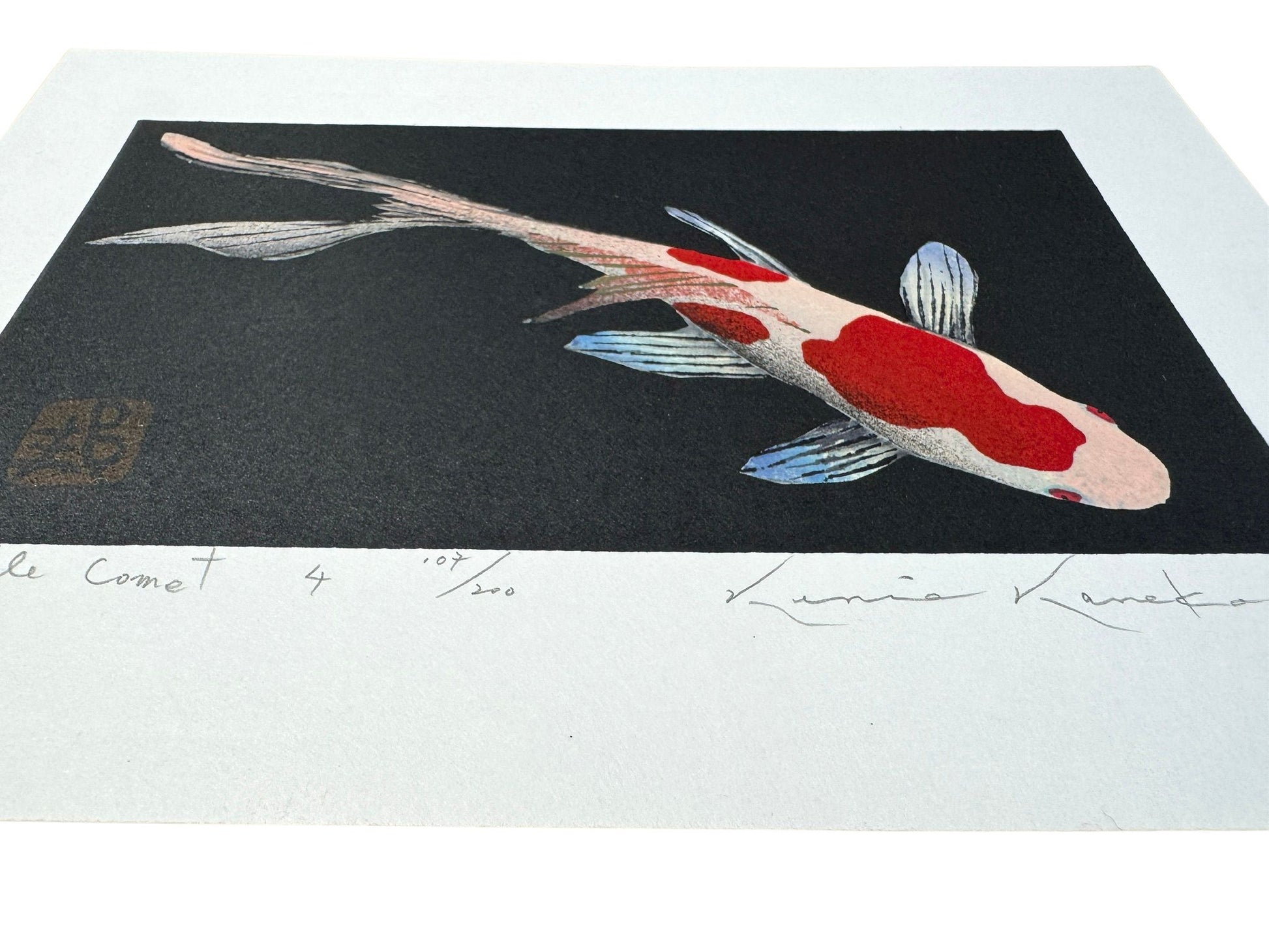 Estampe japonaise de Kunio Kaneko représentant une carpe koï sur fond noir, détail des reflets du fond noir