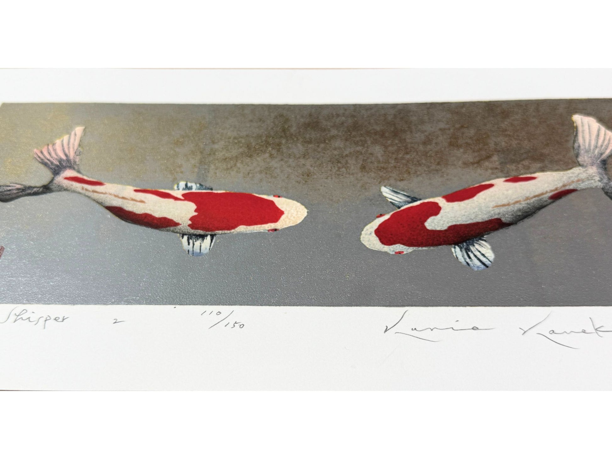 Estampe japonaise de Kunio Kaneko, deux carpes Koï face à face nageant dans une eau d'or et d'argent, reflet scintillant du fond